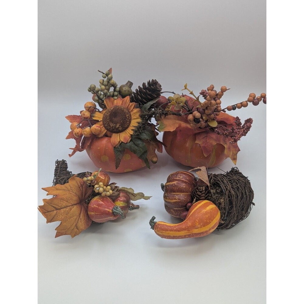 Fall Thanksgiving Table Centerpiece Decor Lot Faux Pumpkin Sunflower Cornucopia